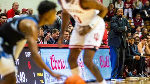 Indiana Head Coach Mike Woodson watches during the Indiana versus St. Francis men's basketball game at Simon Skjodt Assembly Hall on Thursday, Nov. 3, 2022.